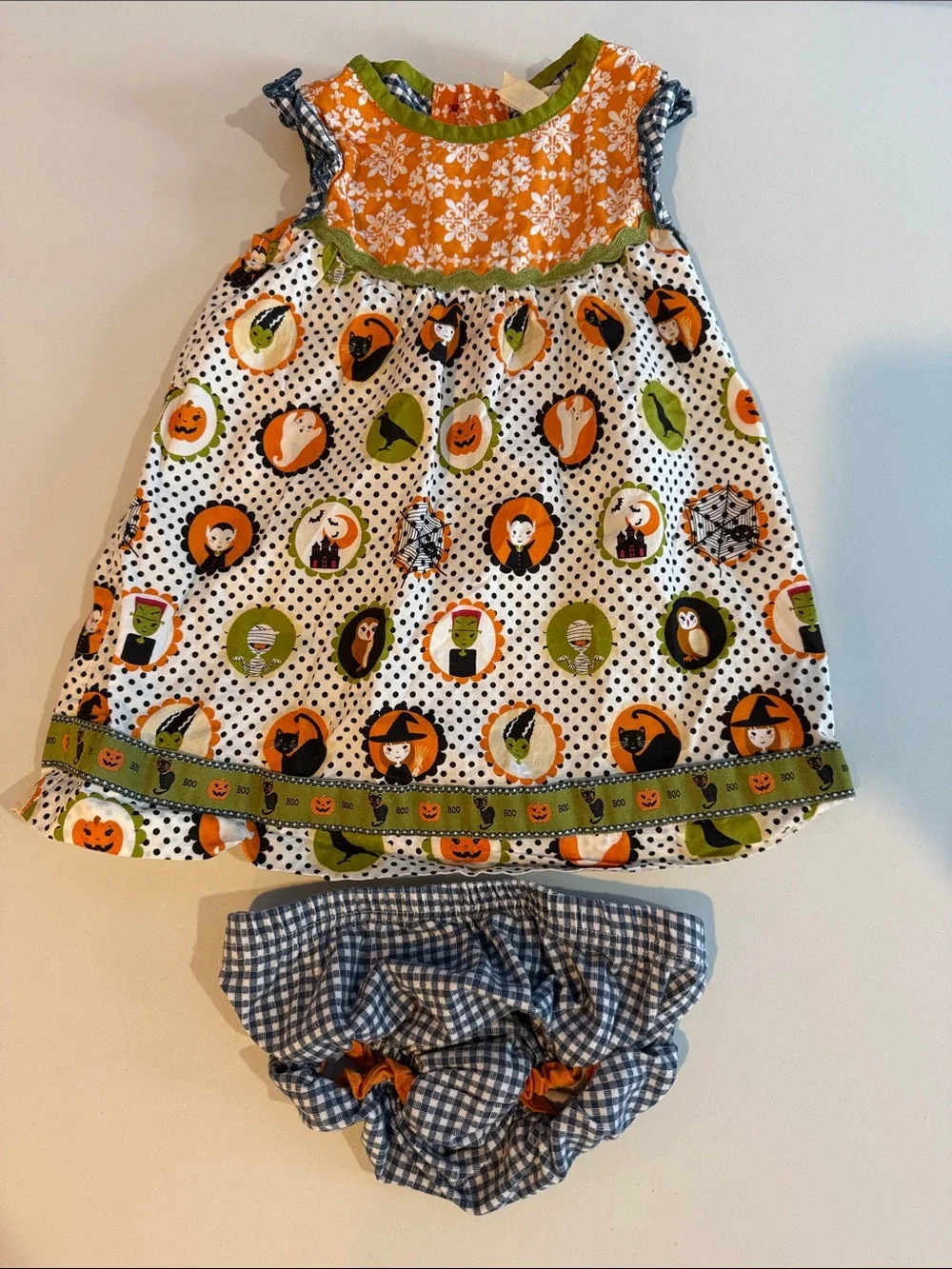Matilda Jane Halloween Fall Pumpkin Ghost Witch Dress with Bloomers 12-18 M EUC